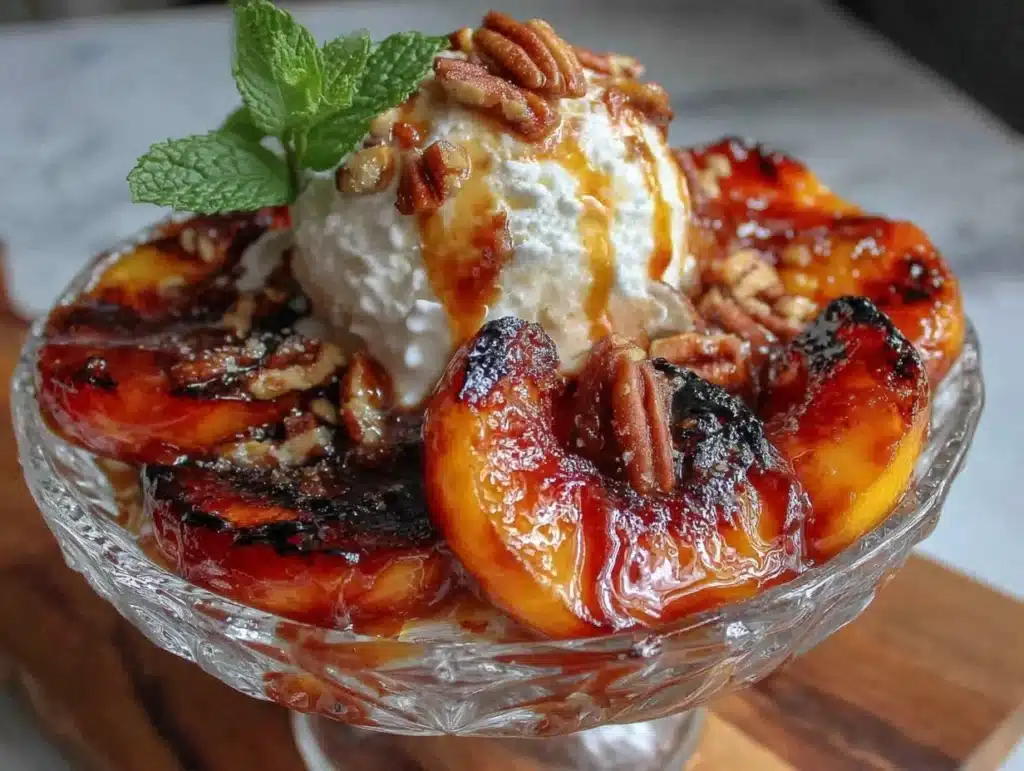 brown sugar bourbon grilled peach sundae - featured image