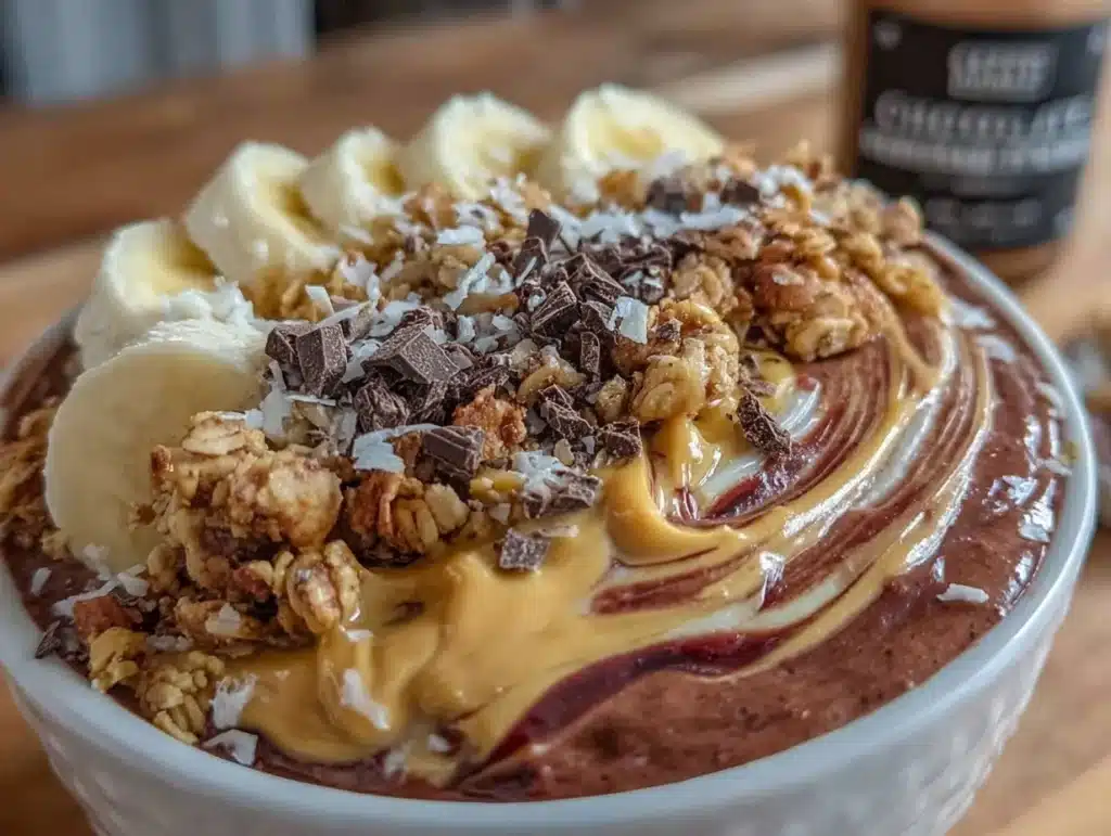 chocolate peanut butter protein smoothie bowl - featured image