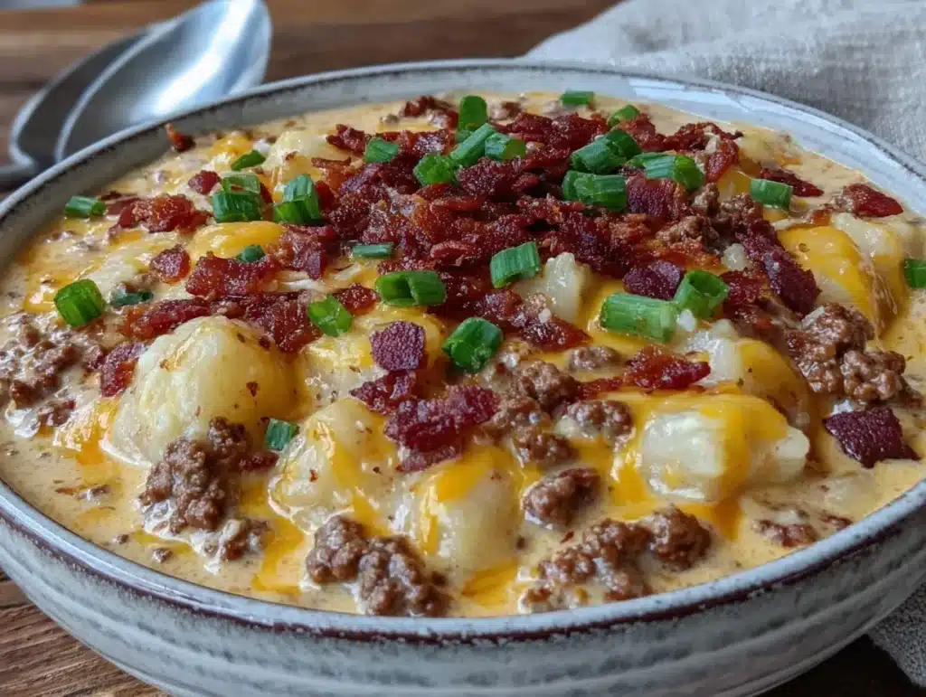 cozy cheeseburger potato soup - featured image