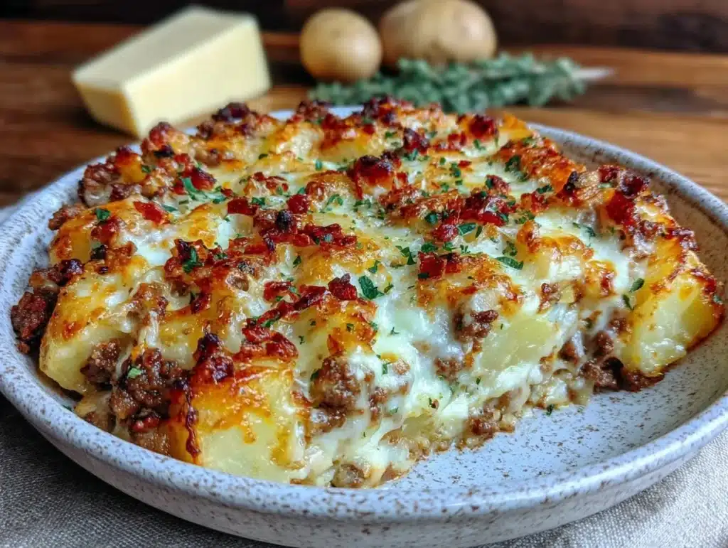 cozy cheesy ground beef and potato casserole - featured image