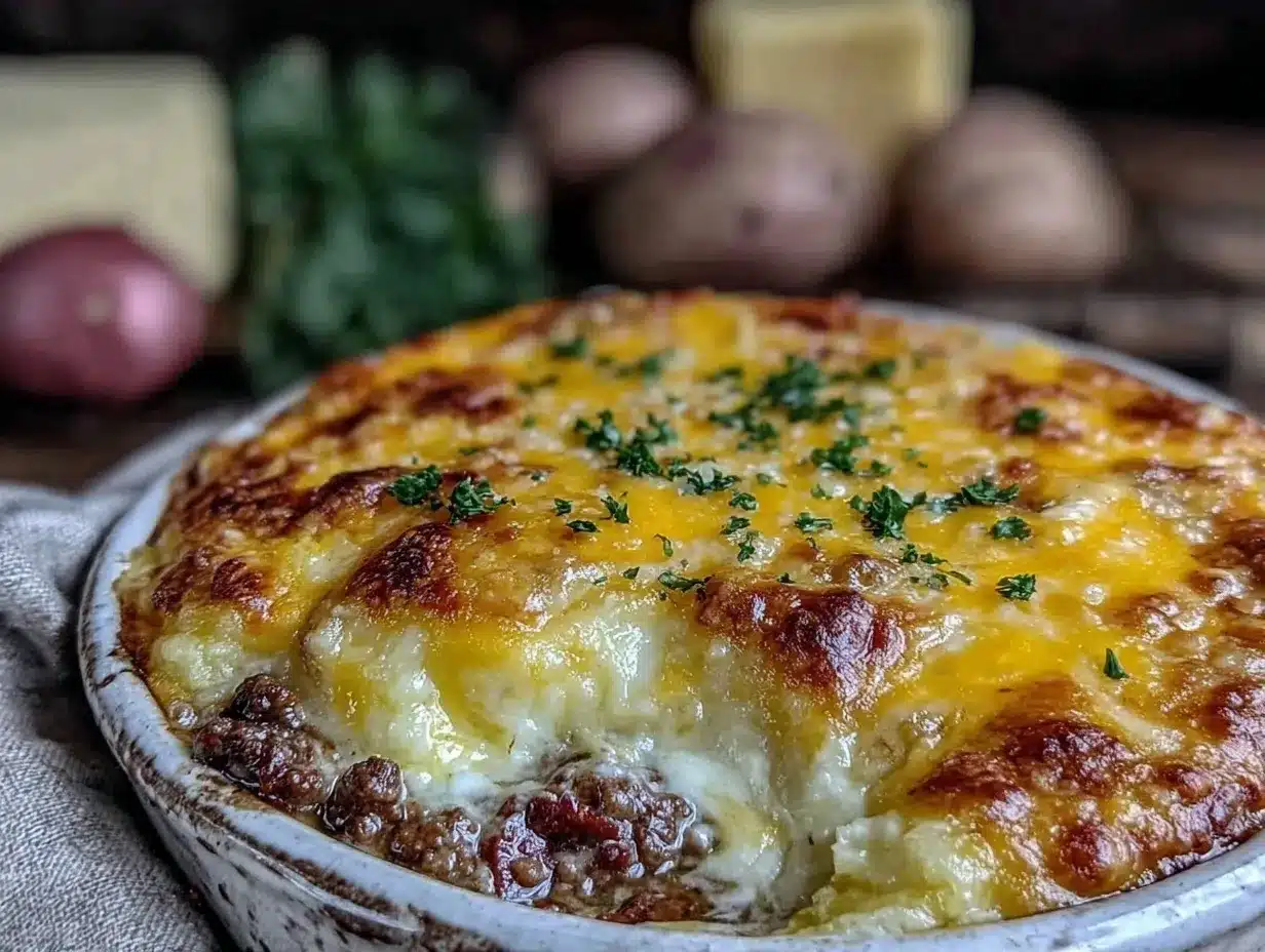 cozy cheesy ground beef and potato casserole preparation steps