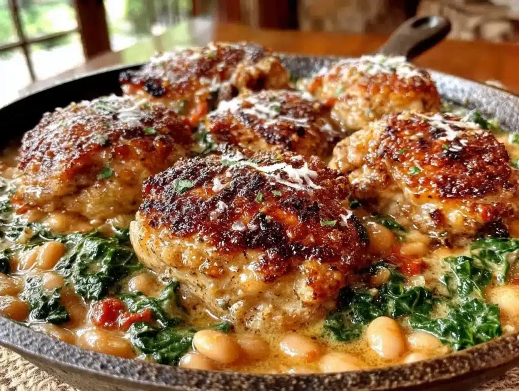 creamy one-pan tuscan white bean and kale chicken thighs - featured image