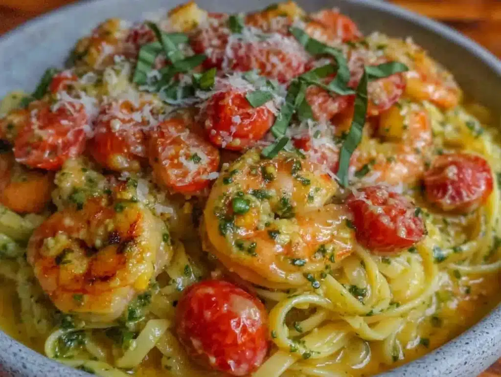 creamy pesto shrimp pasta - featured image