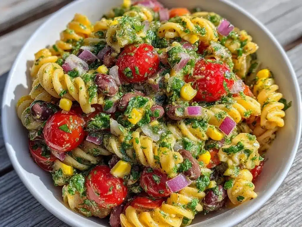 fresh cowboy caviar pasta salad - featured image