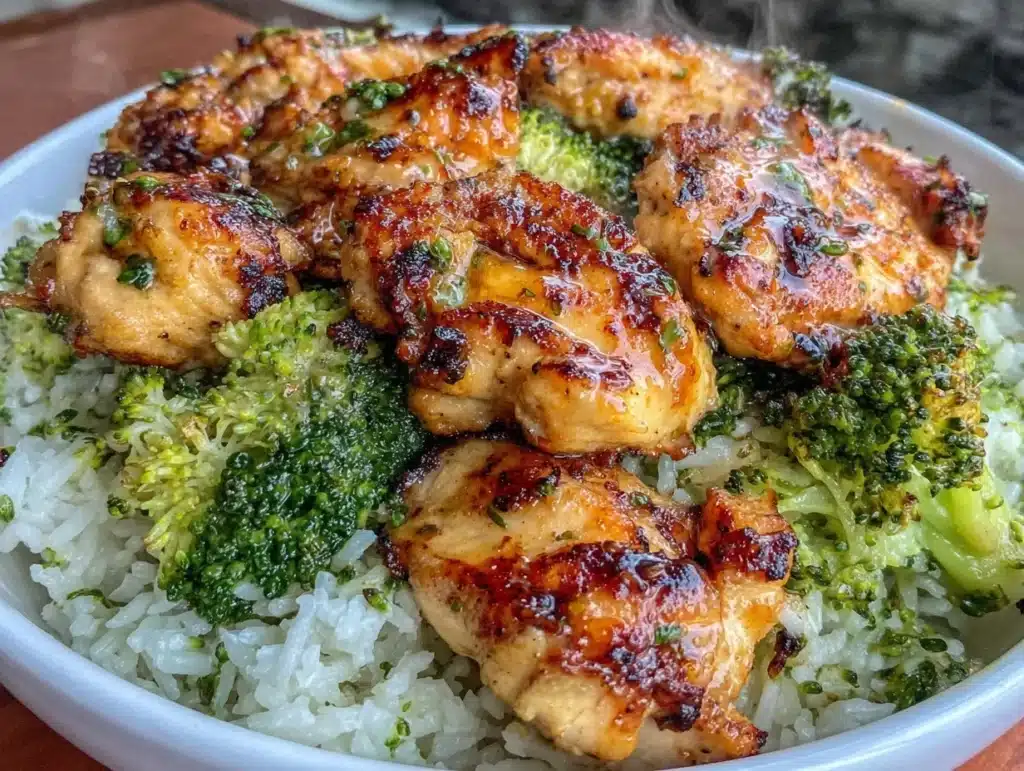 healthy high-protein chicken and broccoli rice bowl - featured image