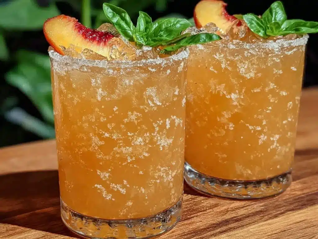 peach basil bourbon smash mocktail - featured image