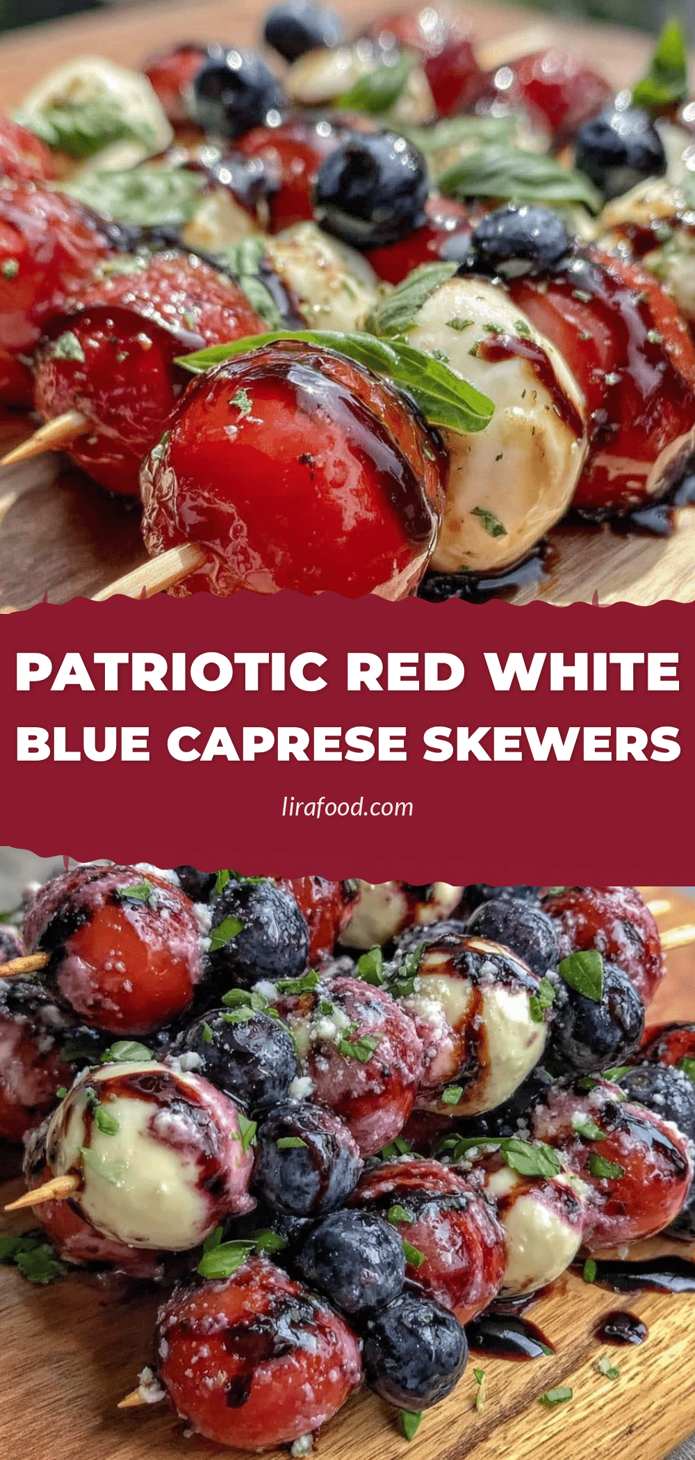 red white and blue Caprese skewers recipe