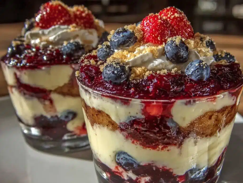 red white and blue layered cheesecake trifle - featured image