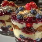 red white and blue layered cheesecake trifle - featured image