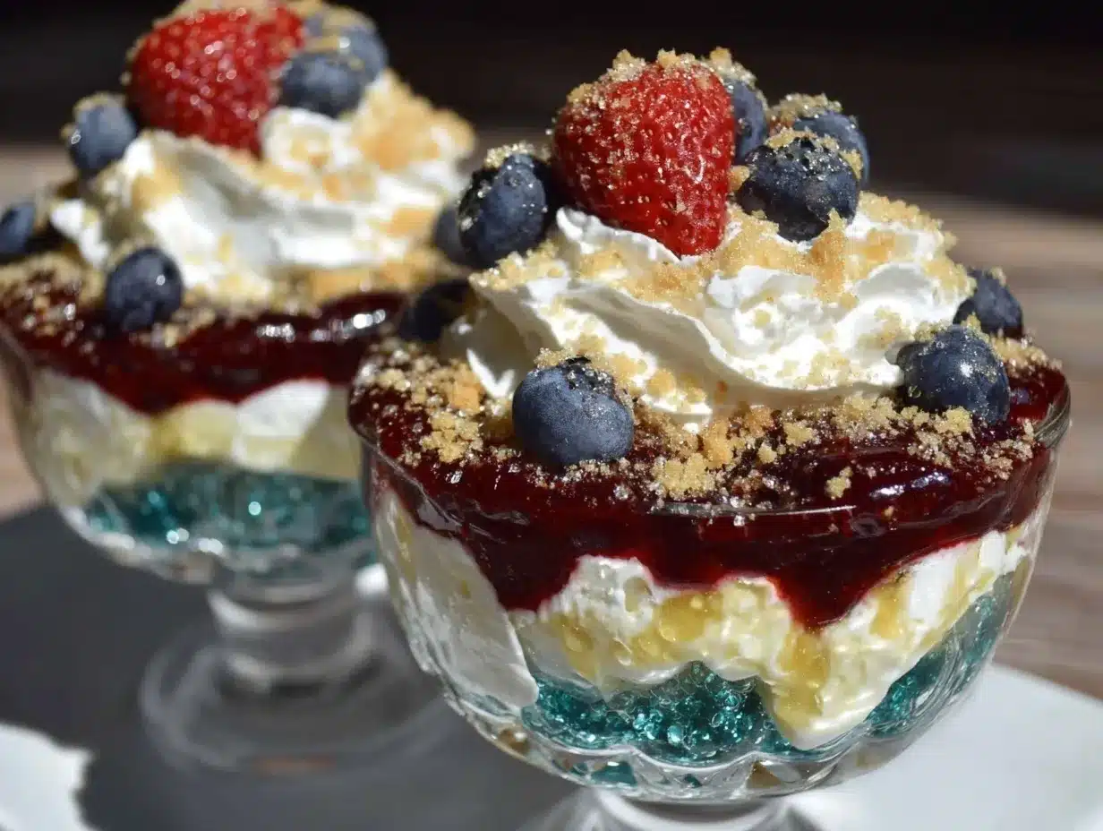 red white and blue layered cheesecake trifle preparation steps