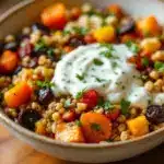 cozy fall harvest grain bowl with roasted vegetables - featured image