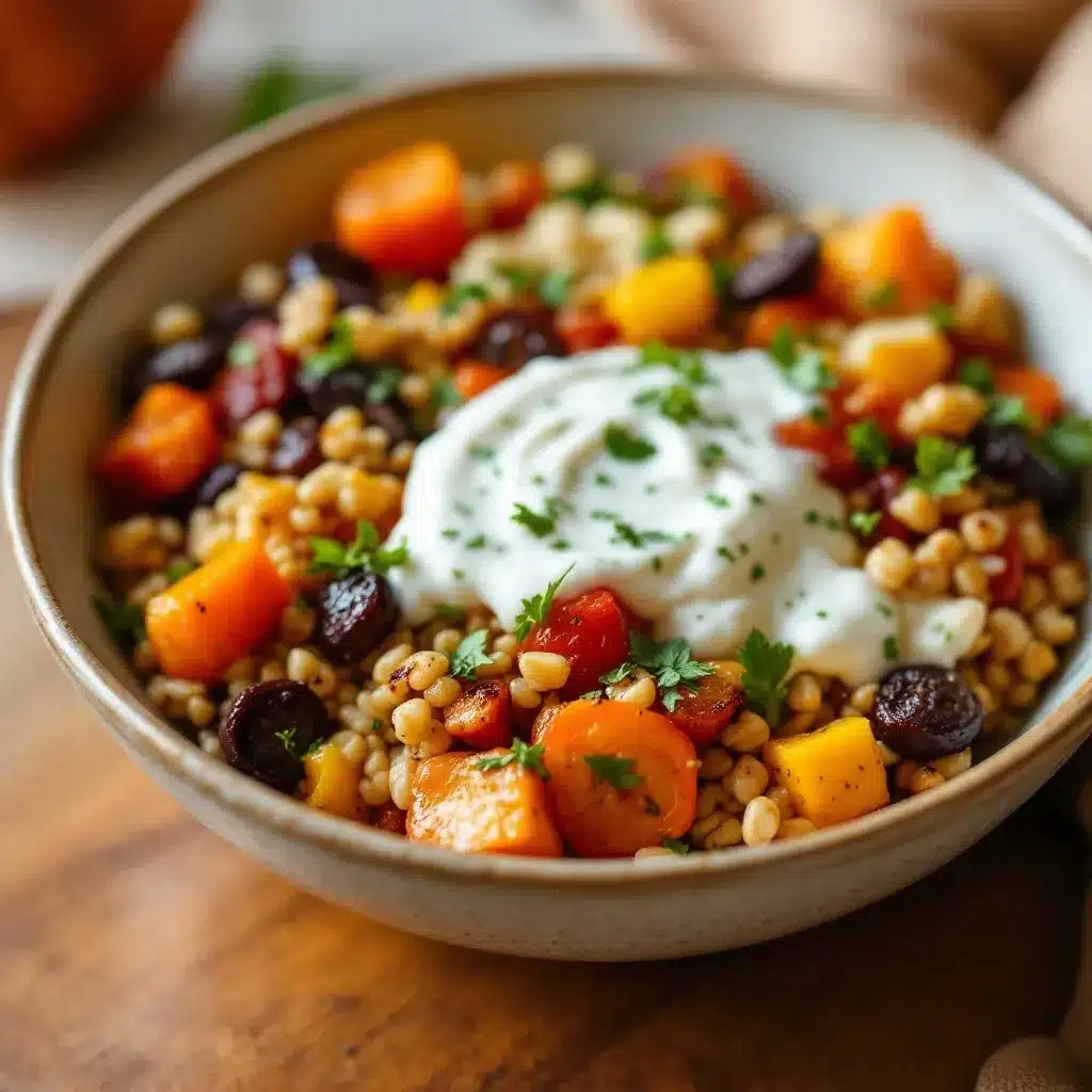cozy fall harvest grain bowl with roasted vegetables preparation steps