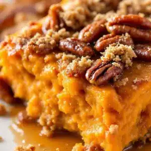 creamy brown sugar pecan sweet potato casserole - featured image