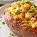 creamy buffalo chicken stuffed sweet potatoes - featured image