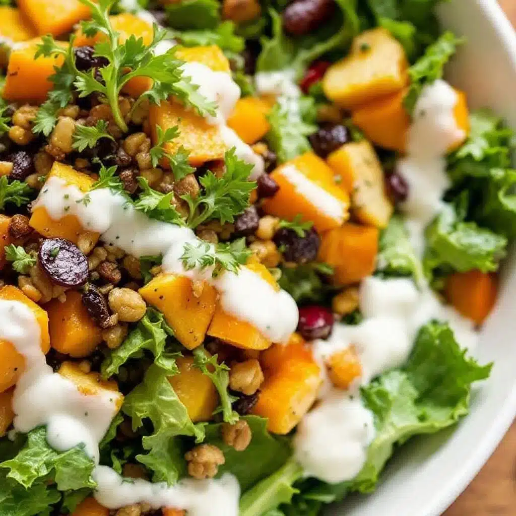 creamy harvest kale salad with roasted squash - featured image
