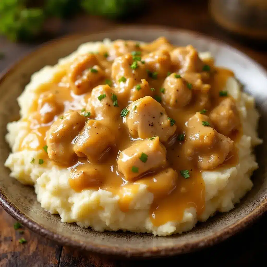 crockpot chicken and gravy over mashed potatoes preparation steps