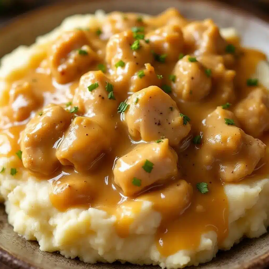 crockpot chicken and gravy over mashed potatoes - featured image