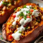 healthy loaded turkey chili sweet potatoes - featured image