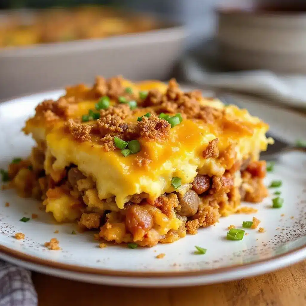 loaded breakfast casserole with sausage and hash browns preparation steps
