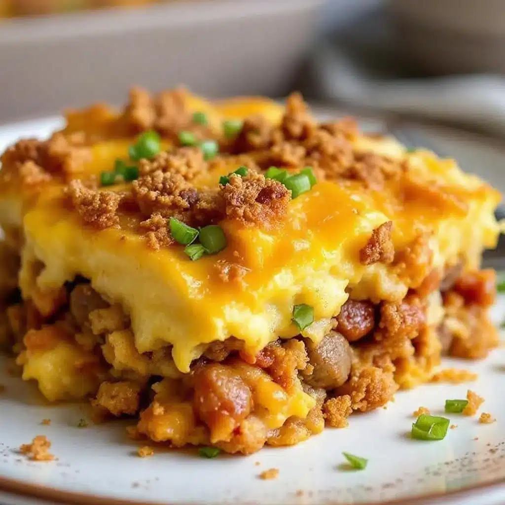 loaded breakfast casserole with sausage and hash browns - featured image